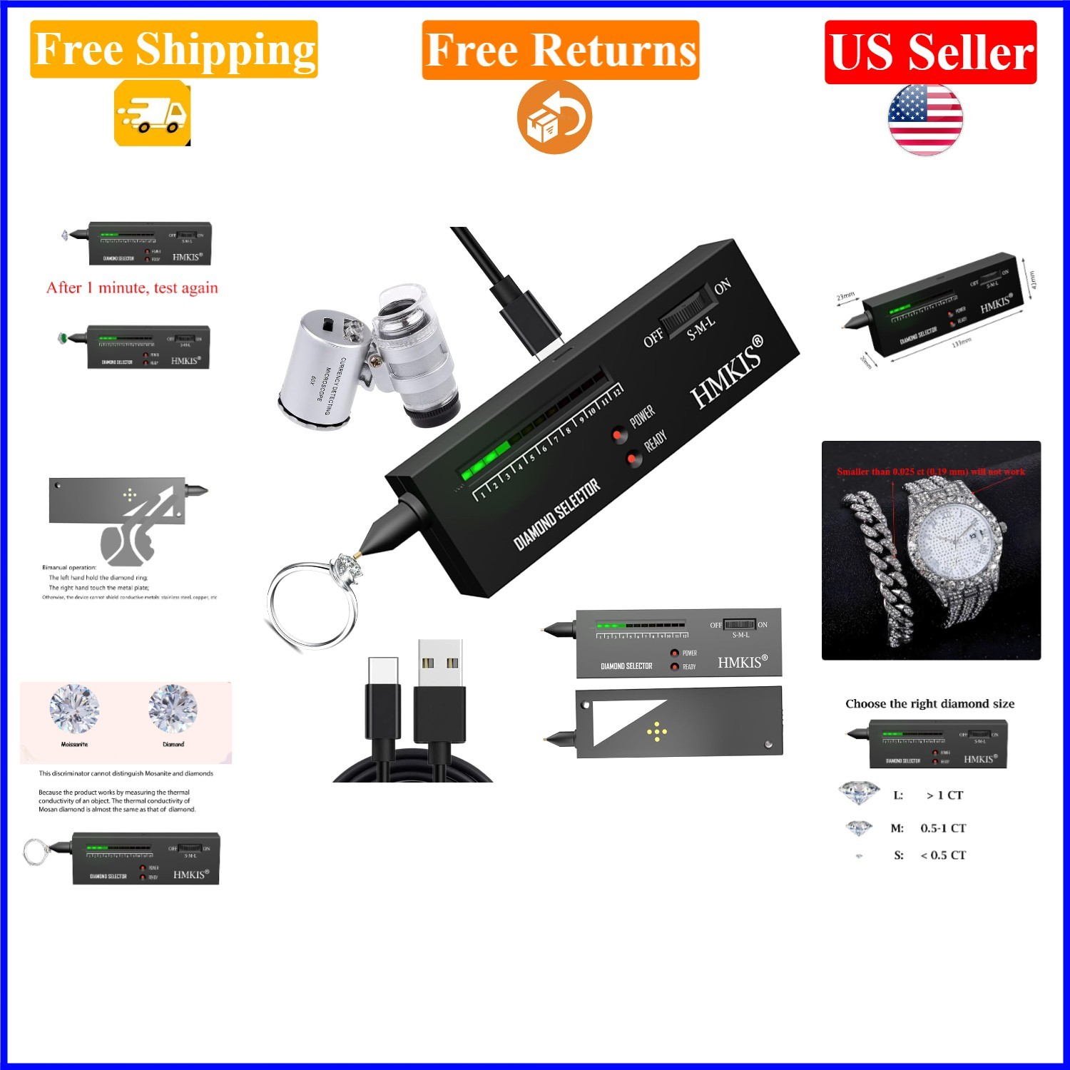 Professional Diamond Tester Pen with Loupe, Non-Rechargeable, 60X Magnifier