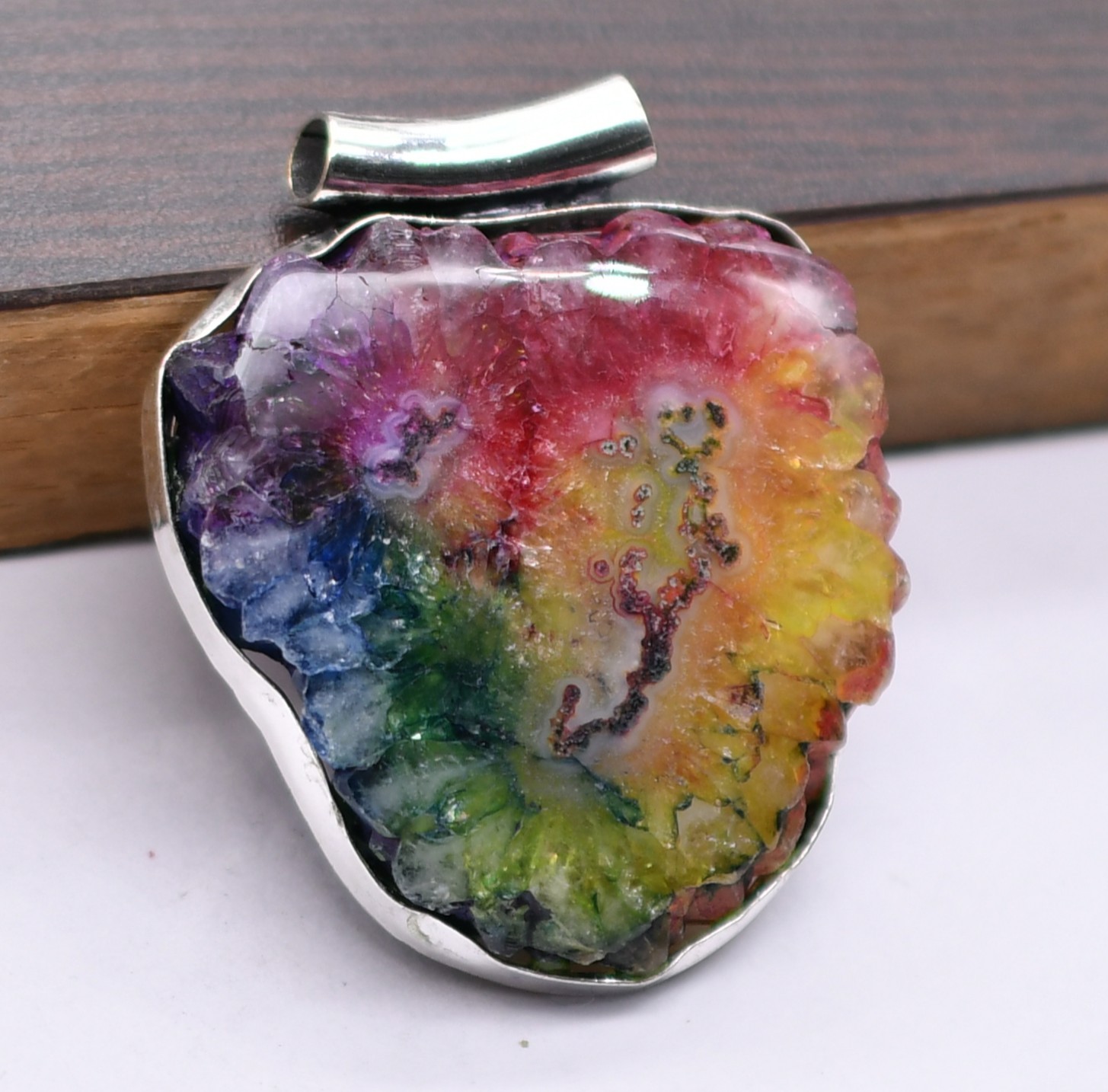 Solar Quartz Natural Gemstone Antique Silver Plated Pendant 2″ J 1886