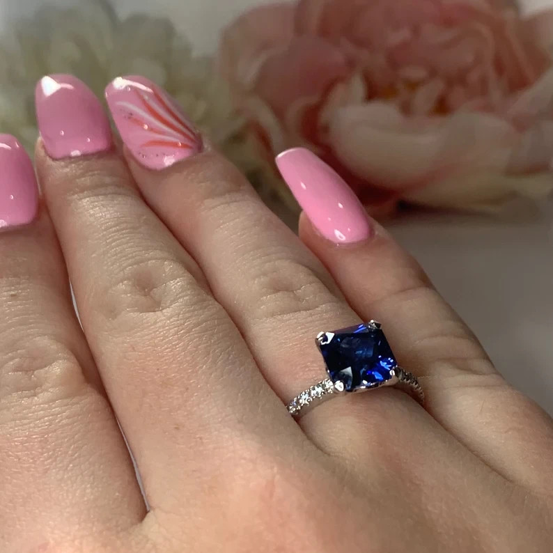 2.30 Ct Princess Natural Sapphire & Diamond Wedding Ring 14K White Gold Size 5