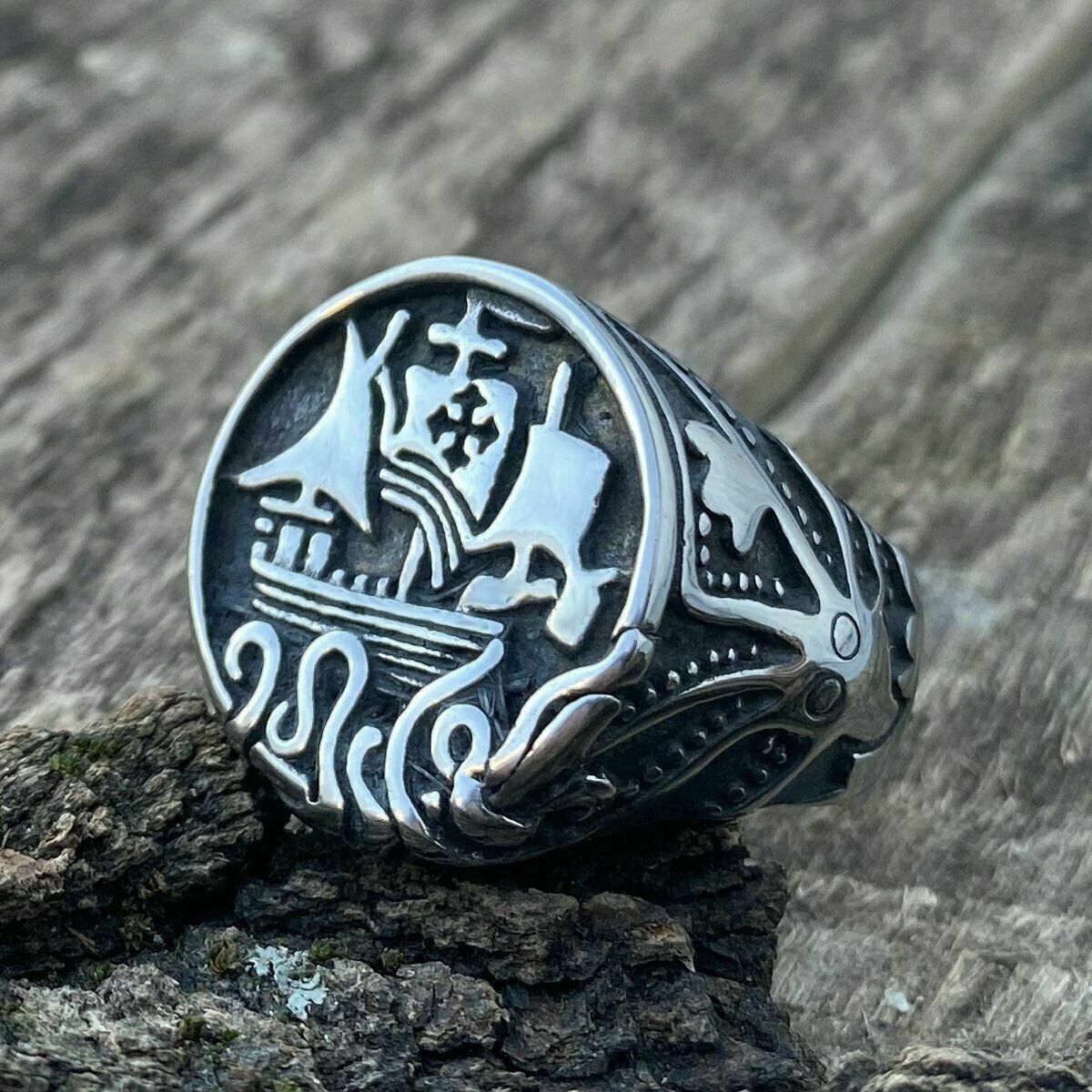 Aegis Mens Viking Pirate Nautical Ship Octopus Ring Stainless Steel Size 7-15