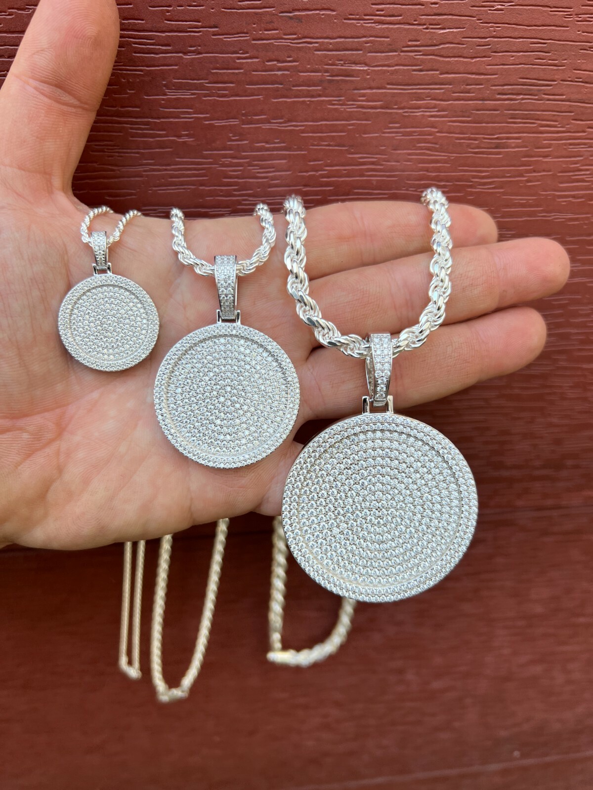 Solid 925 Silver Bling CZ Iced Round Hip Hop Dog Tag Medallion Pendant Necklace