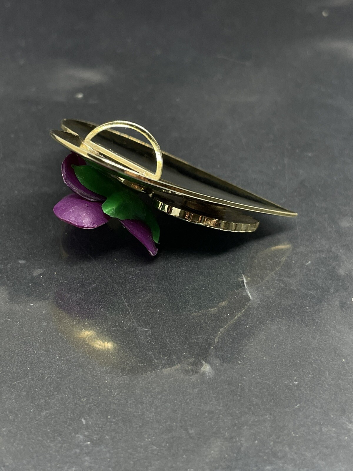Vintage GoldTone, Enamel, Ceramic, Crystals Violet Heart Pendant/ClipOn Earrings