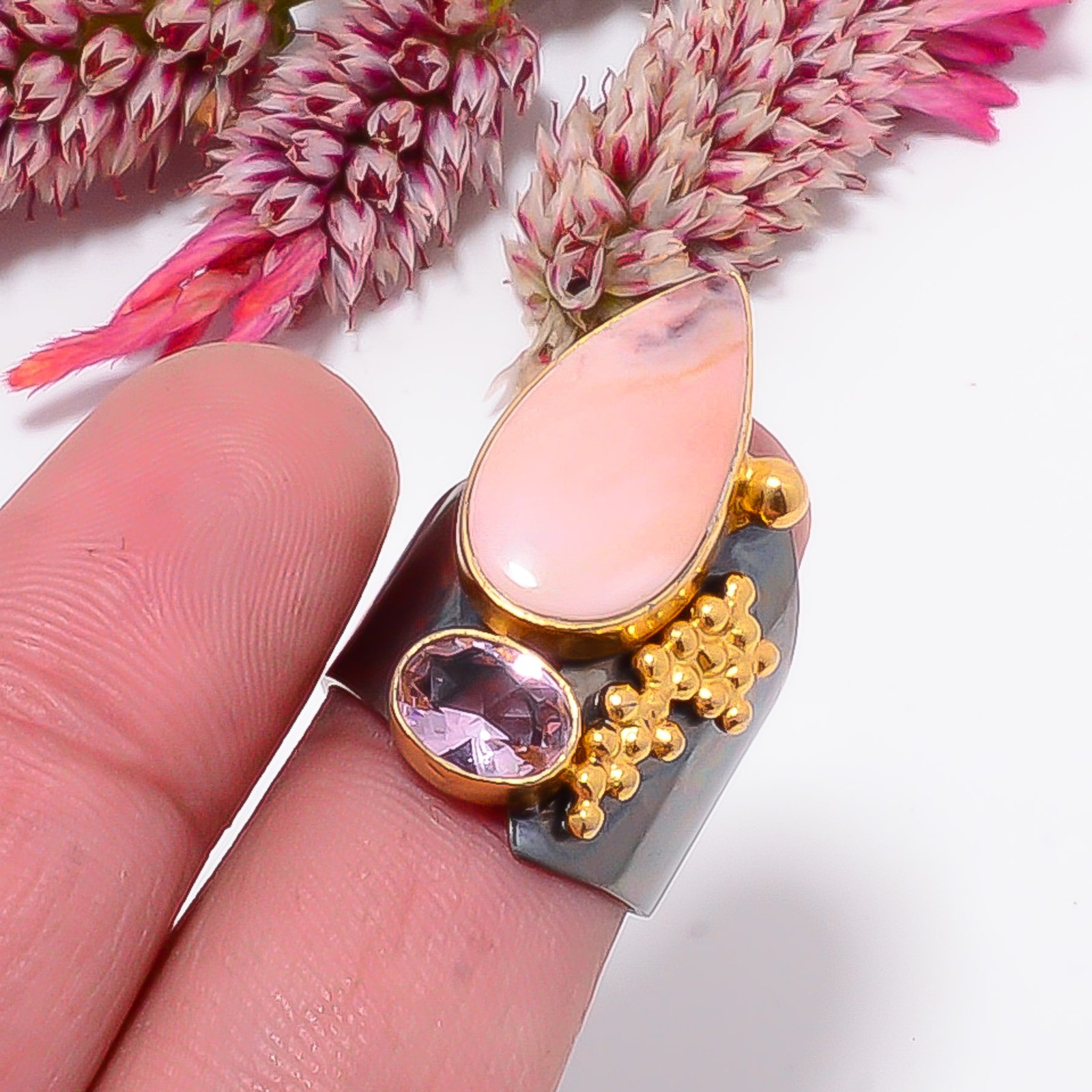 Pink Opal & Pink Kunzite Black And Gold Plated 925 Sterling Silver Ring s.7 Sk10