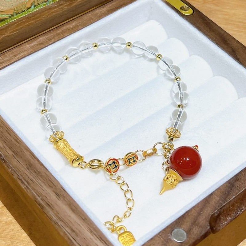 6mm Natural White Crystal and Red Agate Gourd Handmade Bracelet
