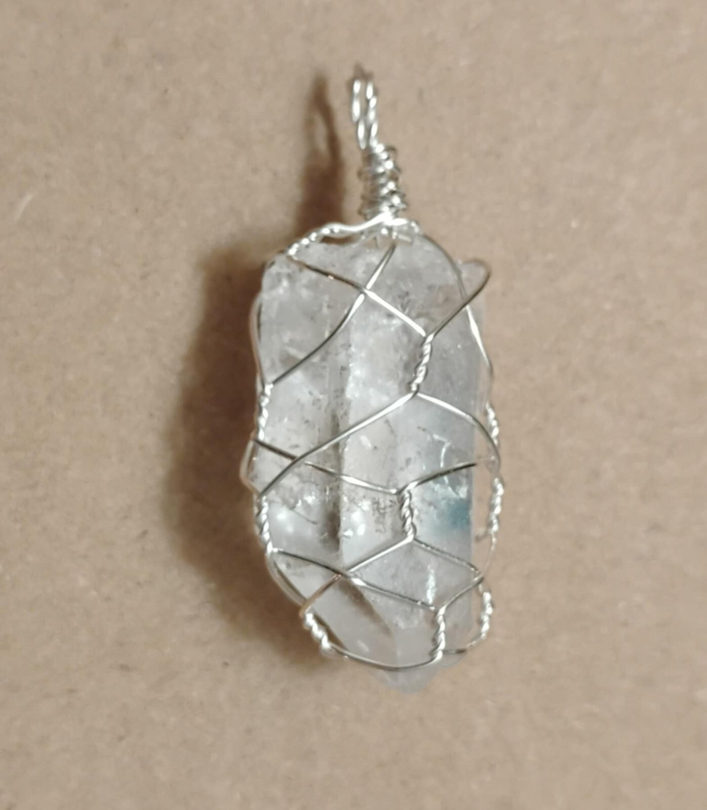 Natural Clear Quartz Crystal Point Pendant Hand-wrapped in Silver-coated Wire