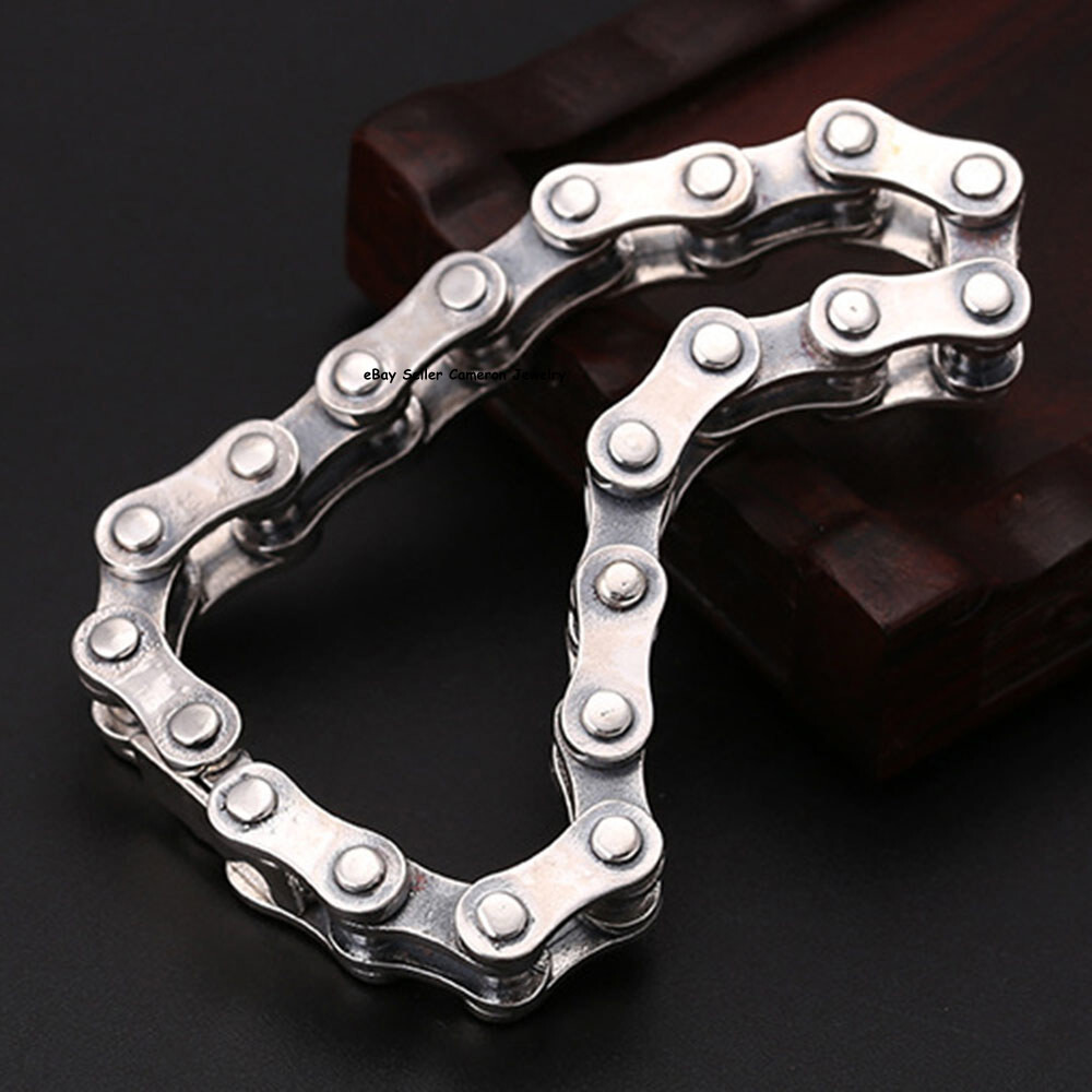Solid S925 Sterling Silver Bracelet 10m13mm Punk Bike Link Chain 7.5-8.7in