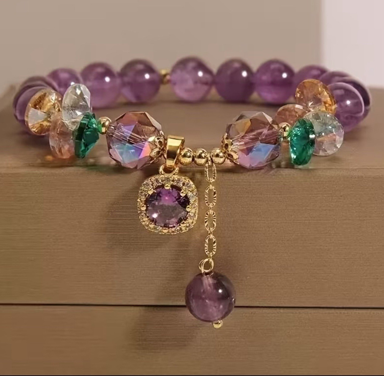 Purple Round Amethyst Beaded Charm Bracelet Cable Chain Stretch