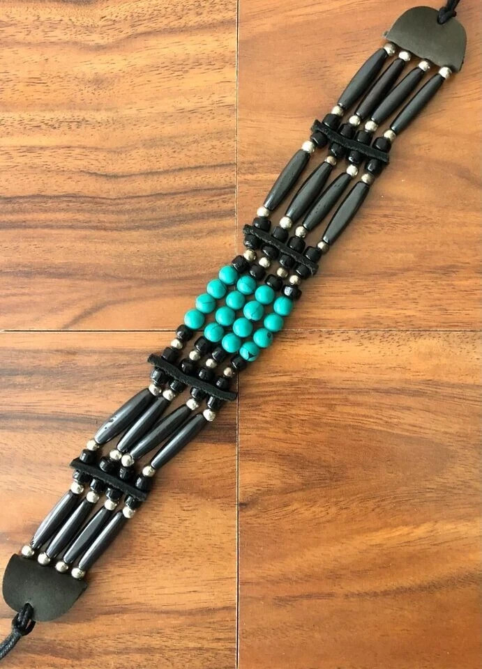 Native American Indian Style Buffalo Bone Choker Bead Brown Turquoise Necklace