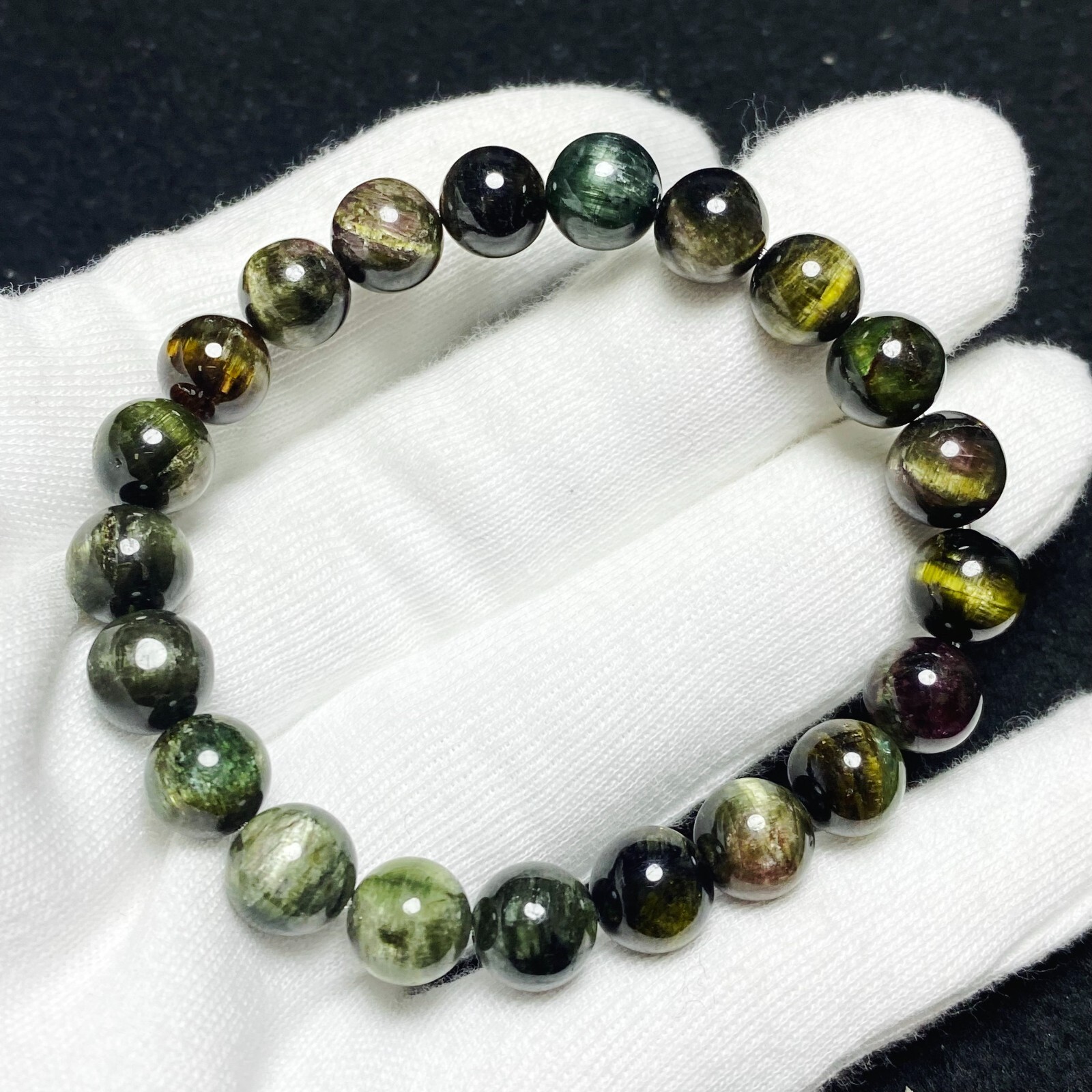 9.2mm Natural Color Tourmaline Cat’s Eye Quartz Crystal Beads Bracelet C1487