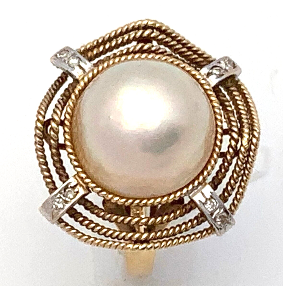 VINTAGE 8 DIAMOND & 12.4MM MABE PEARL 14K GOLD RING