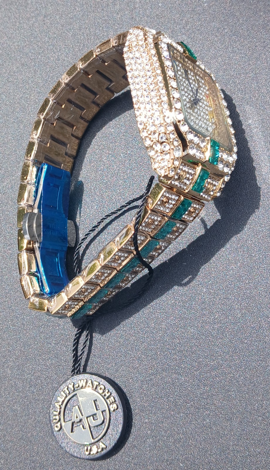 AJ ACCESSORIES 43MM ICED OUT GOLD WATCH WITH GREEN VVSCZ CRYSTALS ARABIC NUMBERS