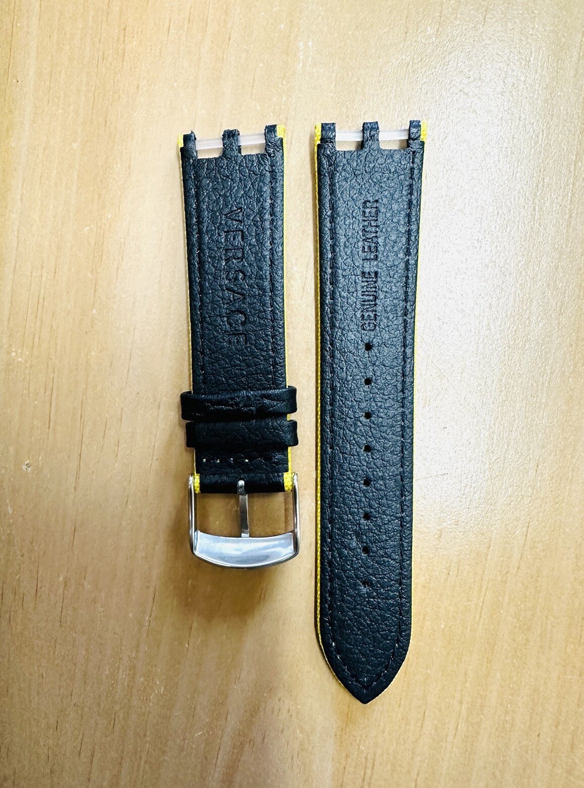 VERSACE WATCH STRAP , VAH , BLACK + YELLOW STITCHING YELLOW , TONGUE BUCKLE
