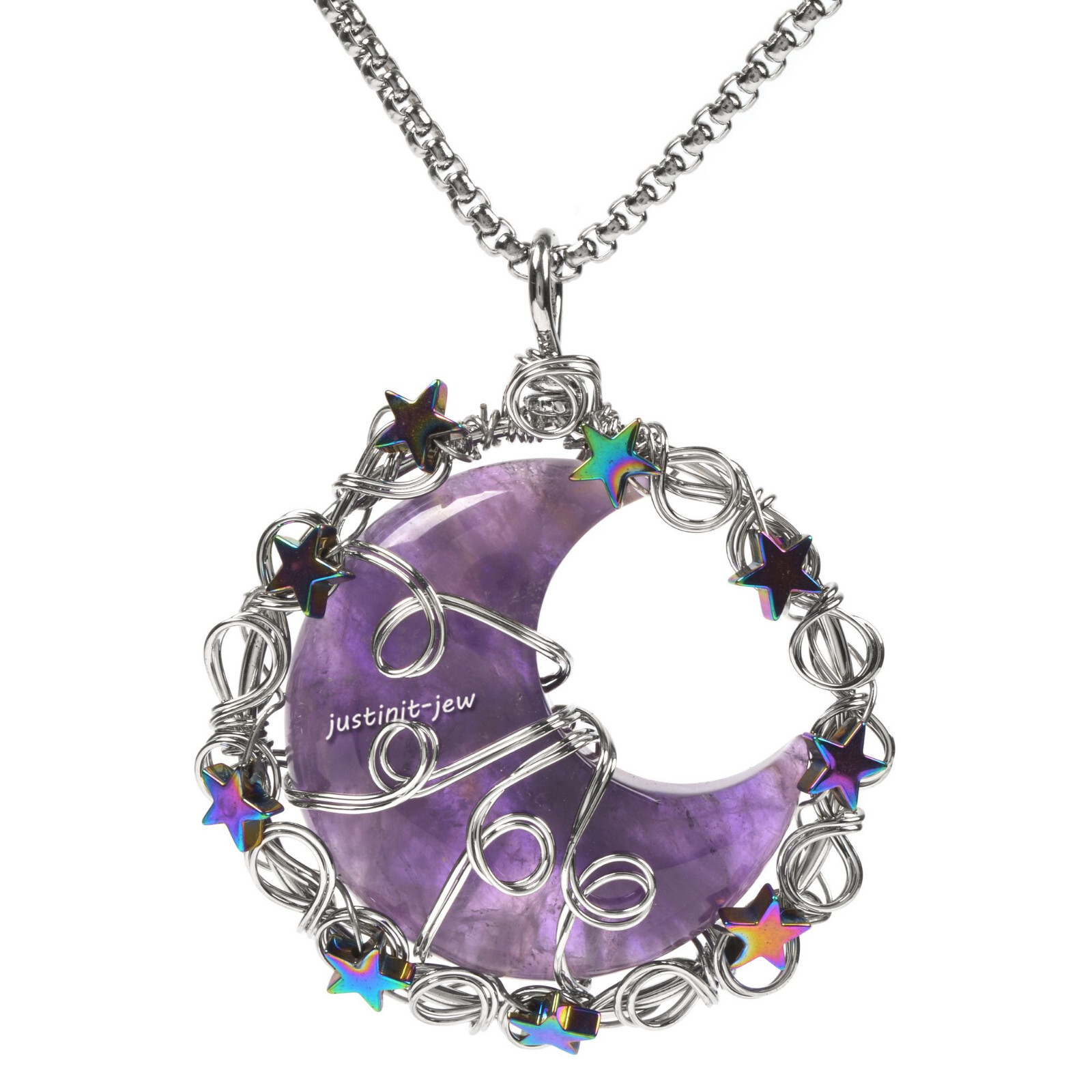 45mm Crystal Reiki Moon Silver Wire Wrapped Star Charm Pendant & Necklace 20″