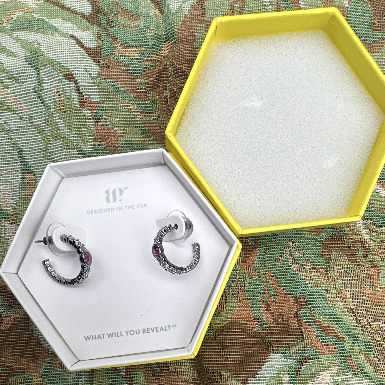 BP “Golden Hour Hoop” OG Earrings Lab-Created Pink Corundum Hematite plated.