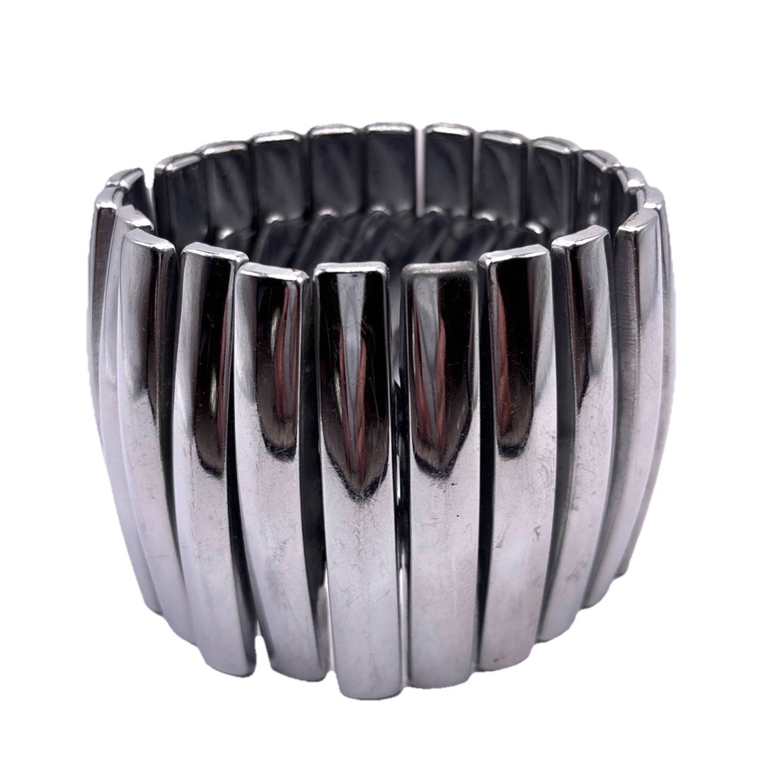 VTG MCM Silver Stretch Bracelet 2 inch Wide Statement Piece Japan