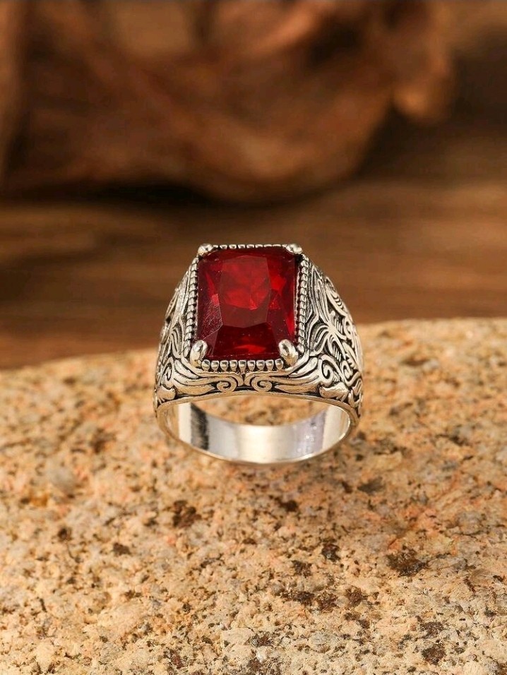 Men’s Silver-Plated Zinc Red Square-Shaped CZ Ring Size 8