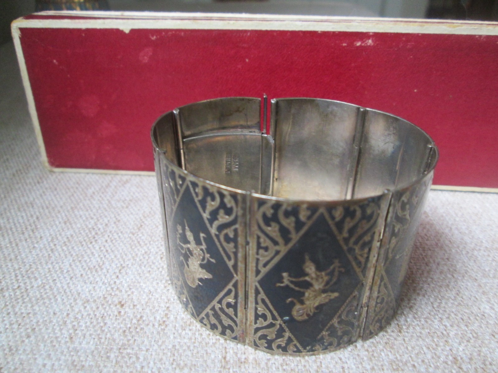 Vintage Siam Sterling Silver Niello Panel Bracelet Boxed Bangkok Thailand 925