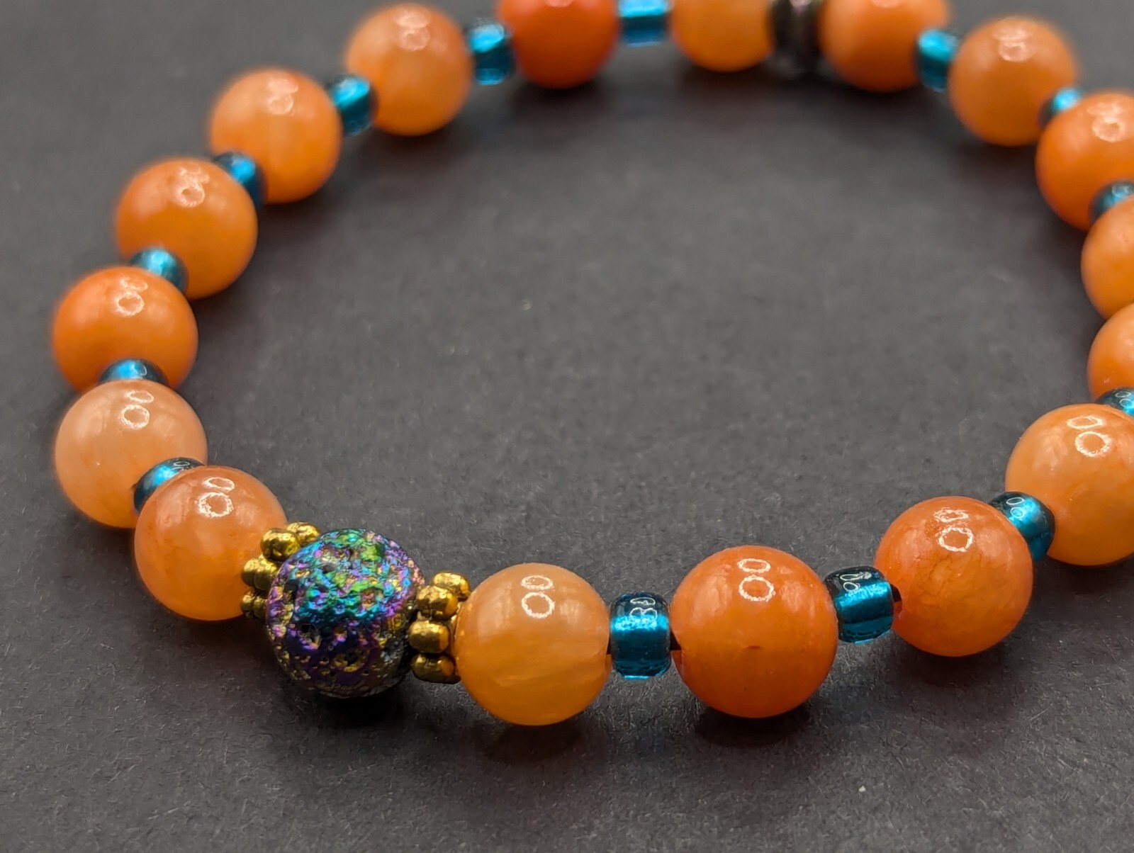 Orange 8mm Gemstone, Blue 6/0 Beaded Stretch Stylish Bracelet (17cm) S/M Wrist
