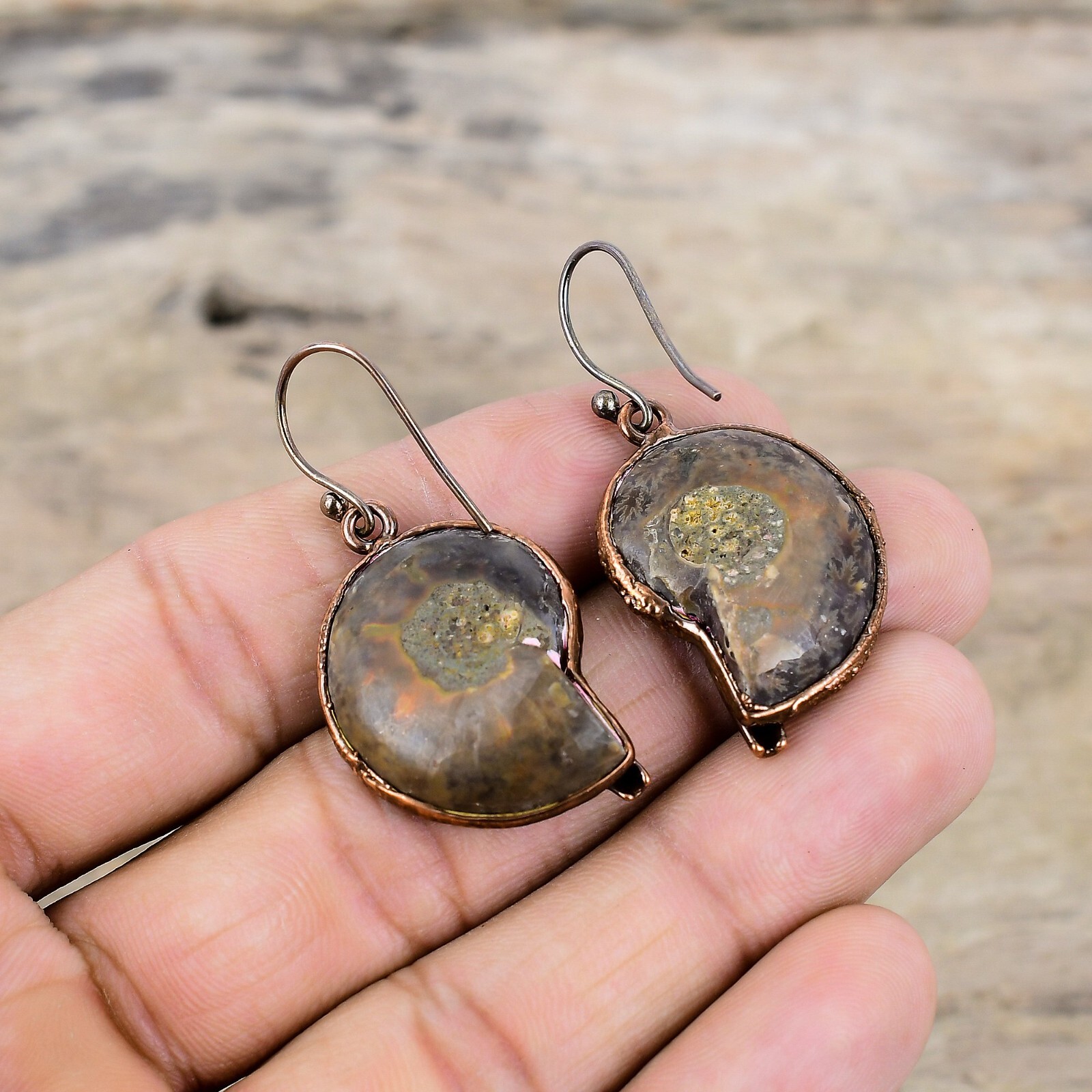 Gift For Her Copper Ammonite Fossil Electroformed Drop/Dangle Earrings 1.77″