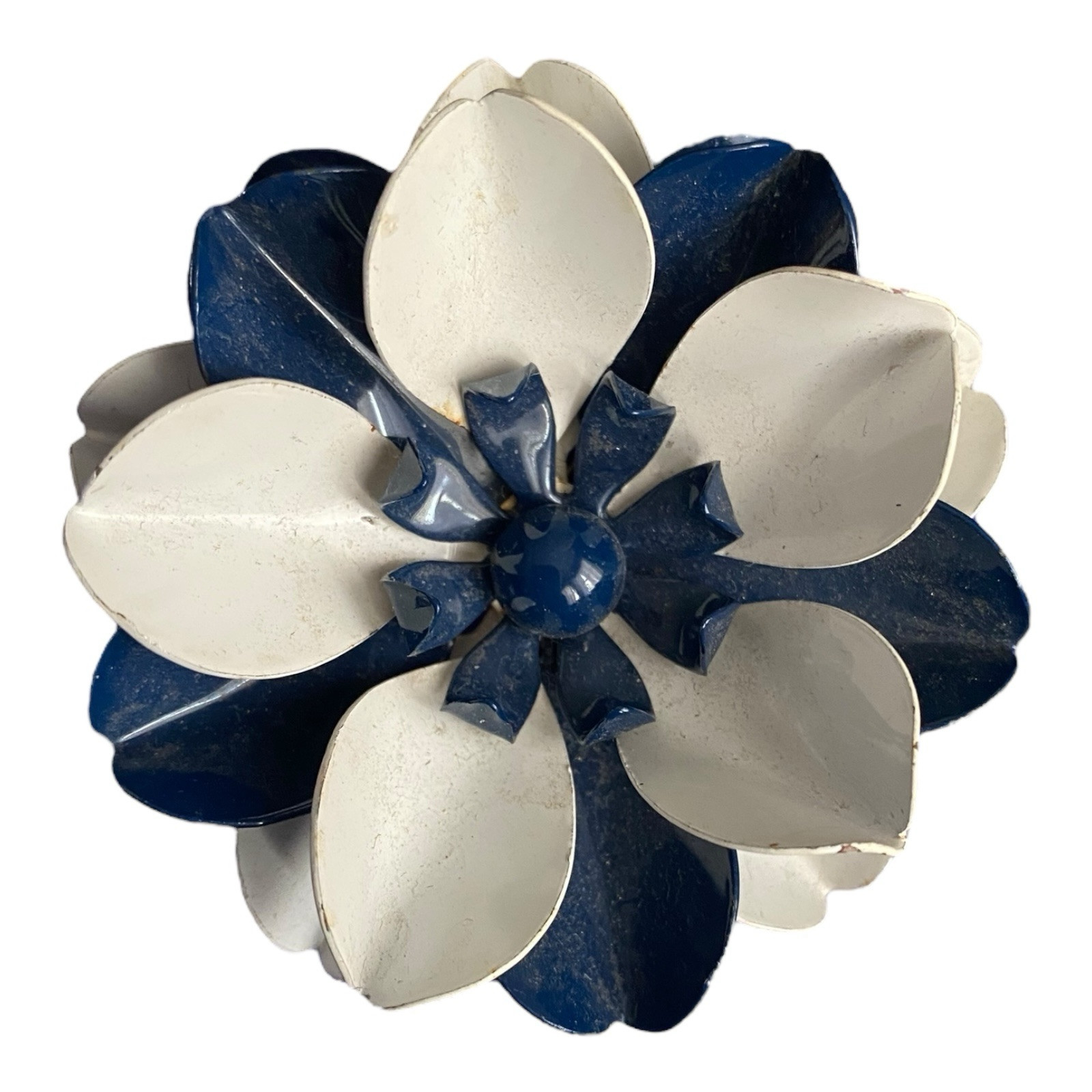 VTG 60’s Flower Enamel On Metal Navy Blue & White Brooch Lapel Pin PinBack C754