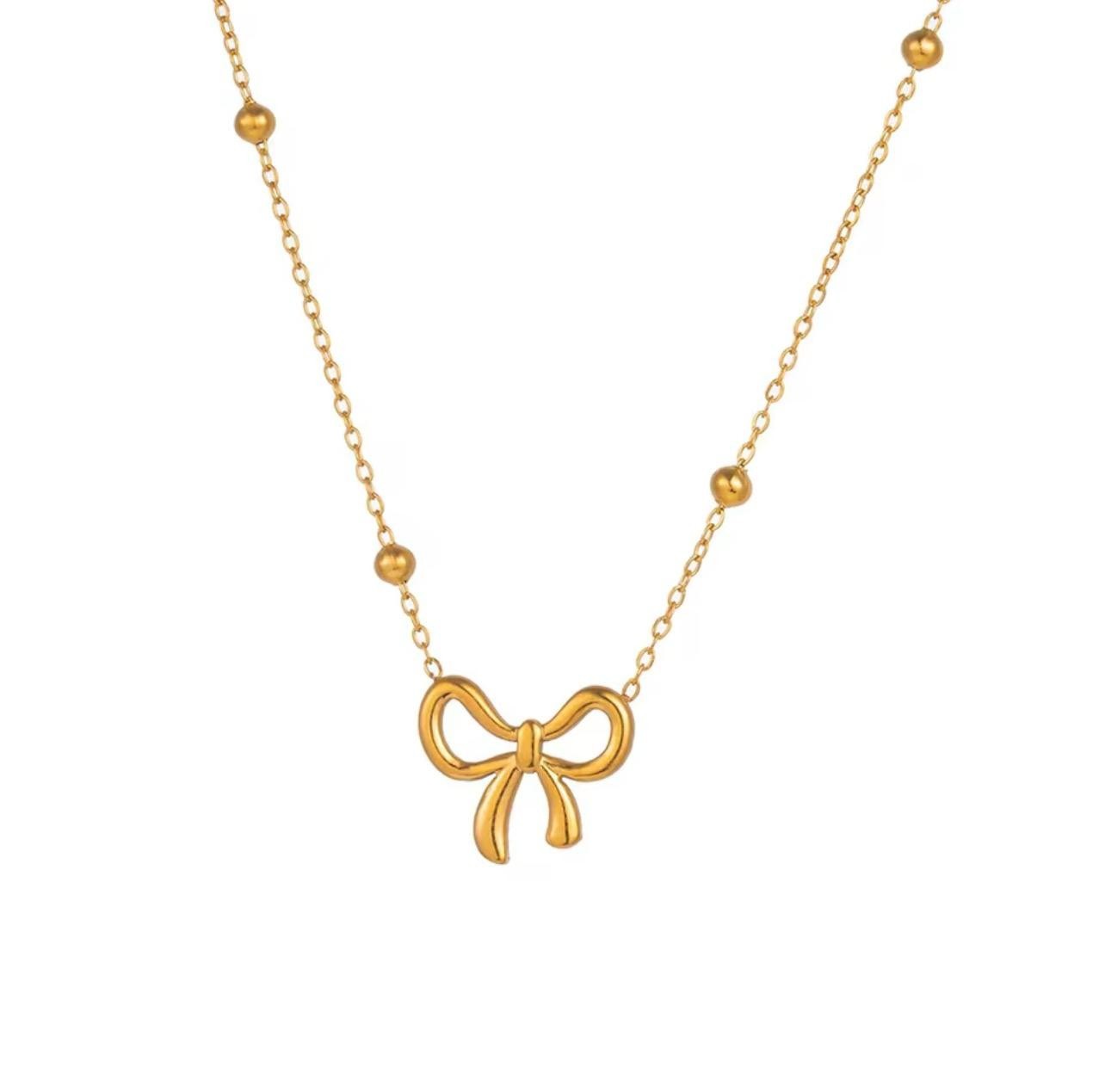 316L Stainless Steel Simple and Lovely Gold Sweet Bow Pendant Necklace Jewelry