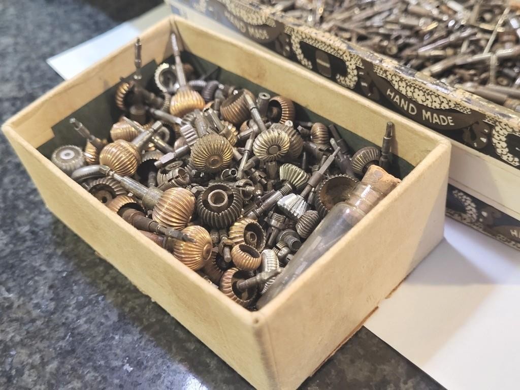Cigar box of American Pocket watch stems, crowns, sleeves 1,000’s of pieces #1