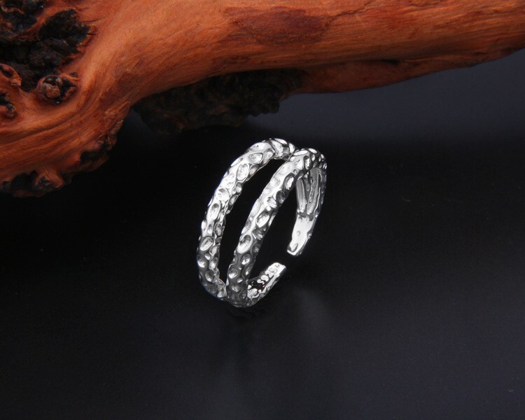 A27 Ring Hammered Effect Dents 2 Bands Silver 925 Size Adjustable
