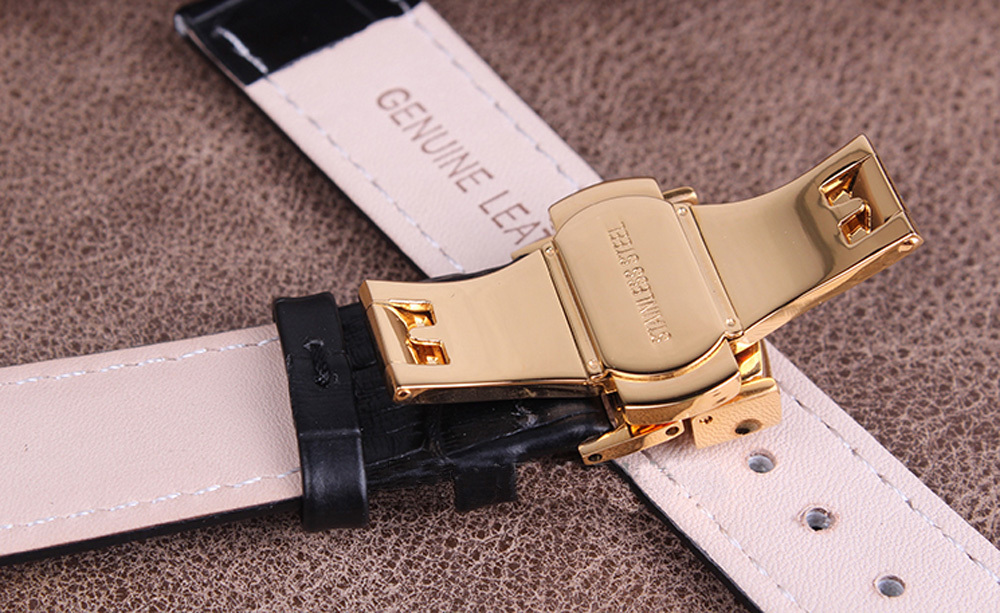 Black Genuine Leather Watch Band+Push Button Butterfly Deployant Clasp Buckle