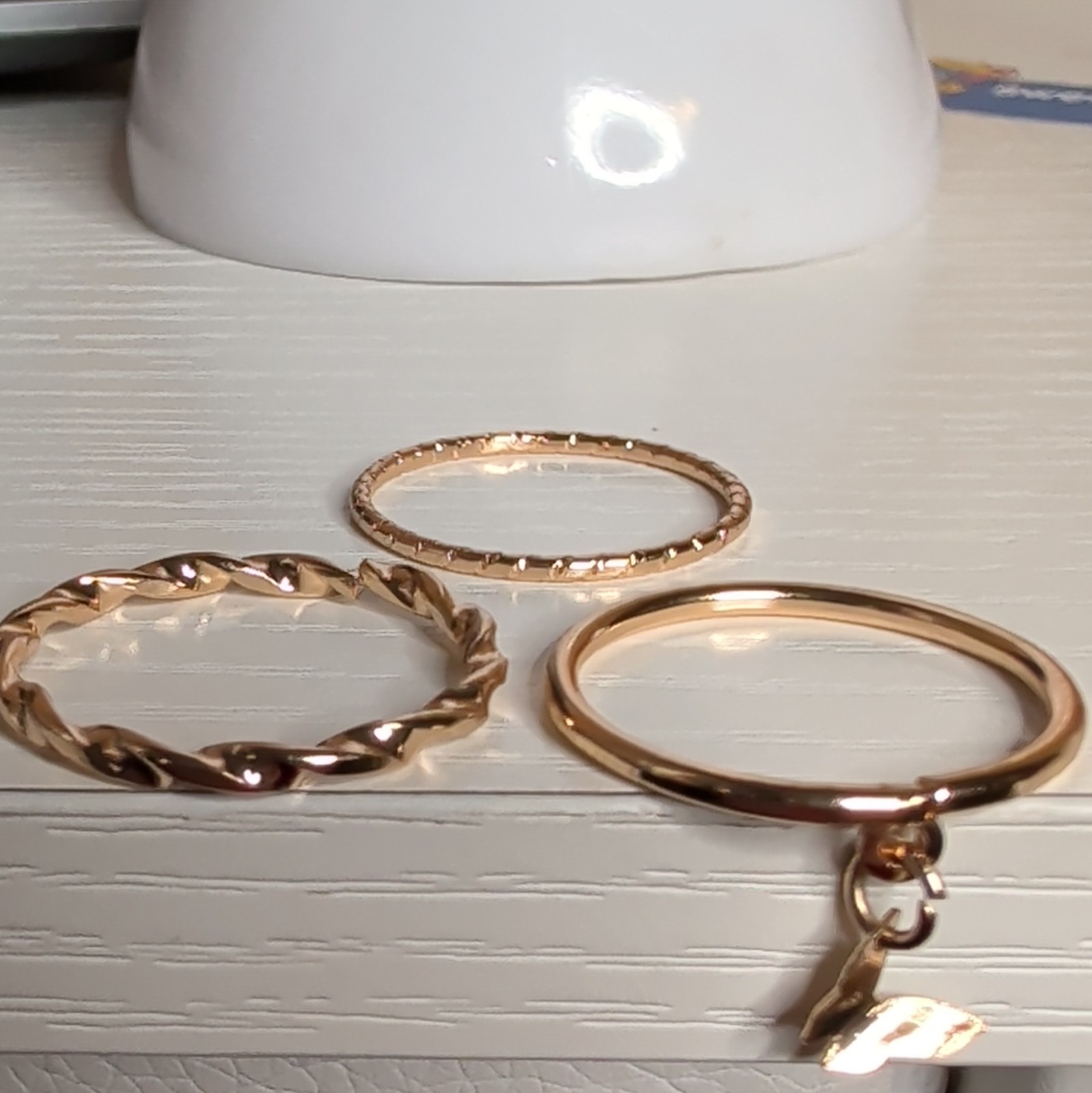 3-Piece Gold Tone Metal Stackable Band Ring Set Size 7.75 w/ Leaf Charm