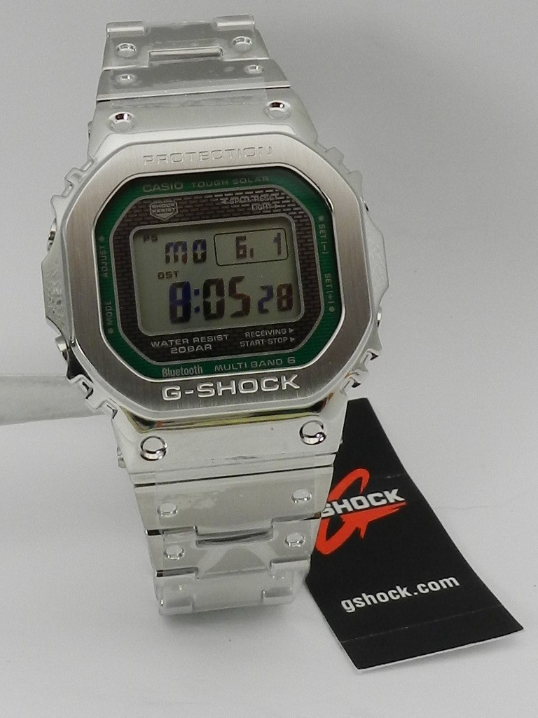 G-Shock Full Metal Silver & Green Outline Dial Watch,Stainless Steel GMWB5000D-3
