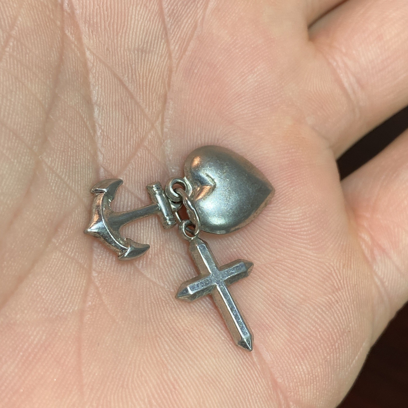 signed TC 925 Sterling Silver Vtg 3 Virtues Anchor Heart Cross Charm Pendant