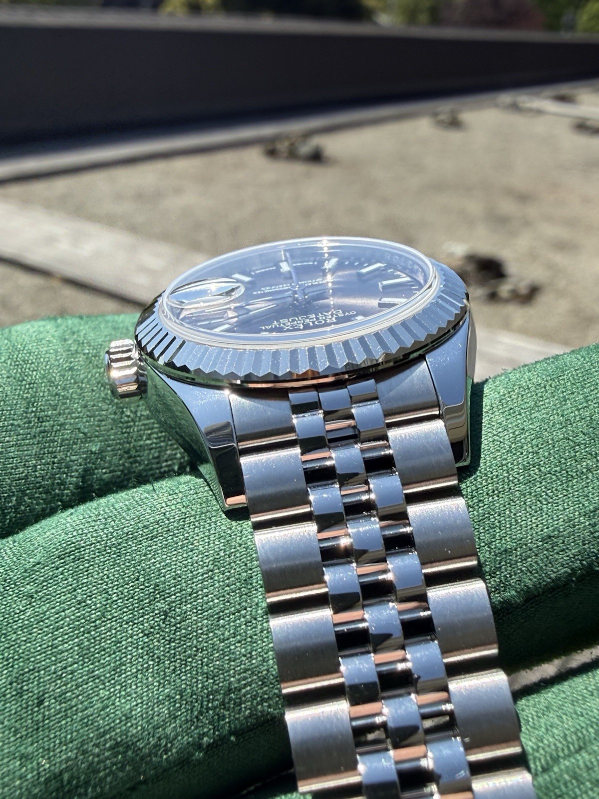 Ladies Rolex Datejust 28 18K WG Fluted Steel Jubilee Dark Grey Dial 279174 Box
