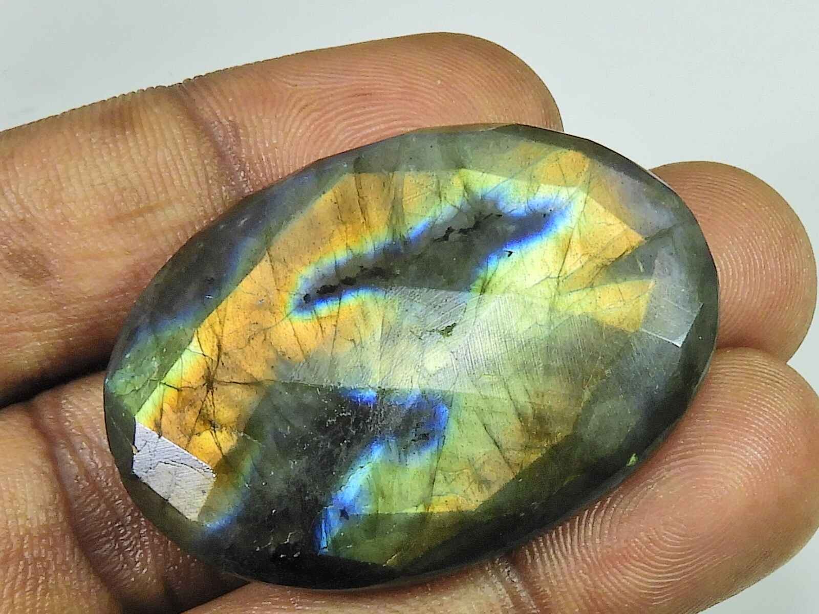 Natural Labradorite 29X42MM Oval Checker Cut Stone Cabochon Gemstone 90Cts. I170