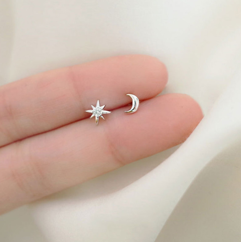 925 Sterling Silver Tiny Moon Star Asymmetric CZ Stud Earrings Women Jewelry AJ