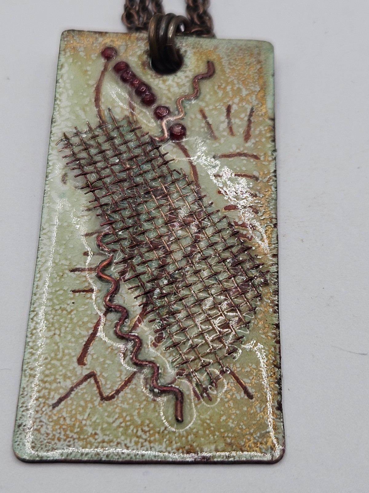 Artisan Modernist Enamel Metal Pendant Suede Leather Necklace 18″