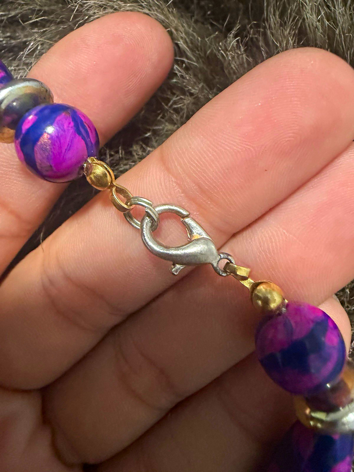 Beaded Necklace Ball/Bead Chain Round Purple & Blue Beads Lobster Clasp