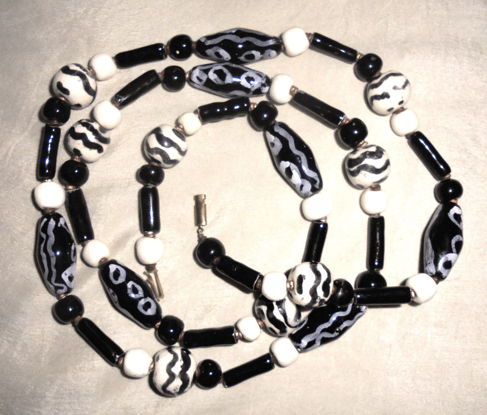 Vintage Black and Cream Glazed Enamel Ceramic Bead Necklace