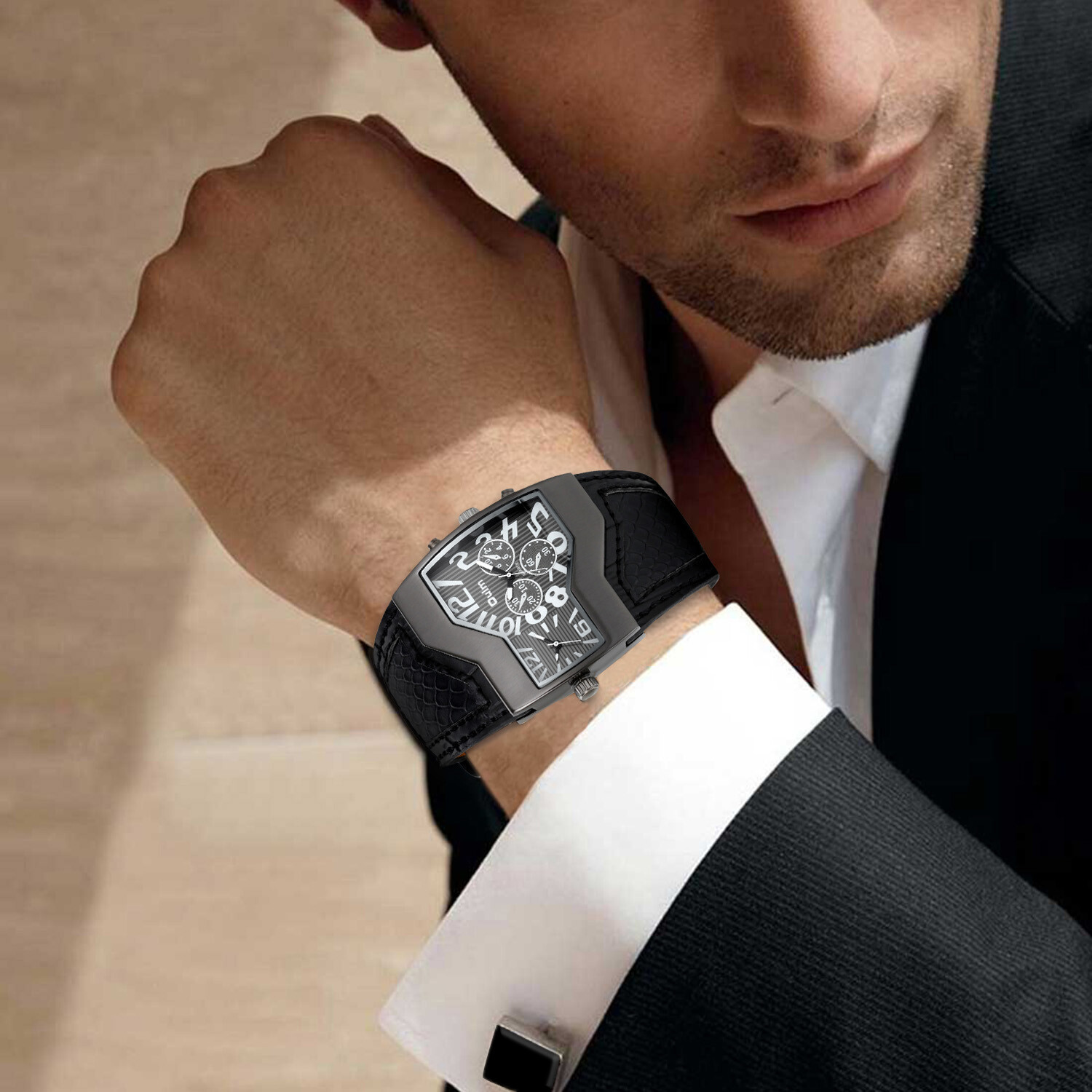 Men Unique Sports Military Army Dual Time Zones Quartz Leather Strap Wrist Watch
