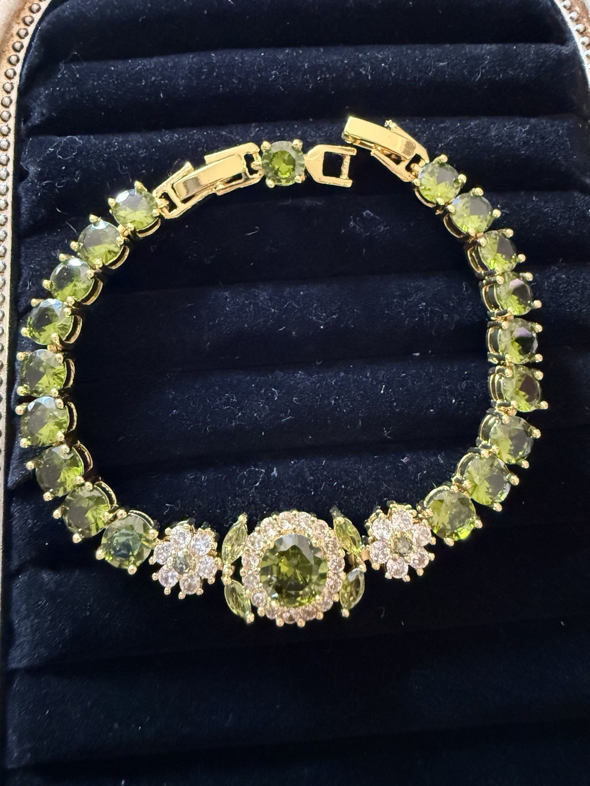 Yellow Gold Plated Green Round Stone Tennis Bracelet with Lobster Clasp