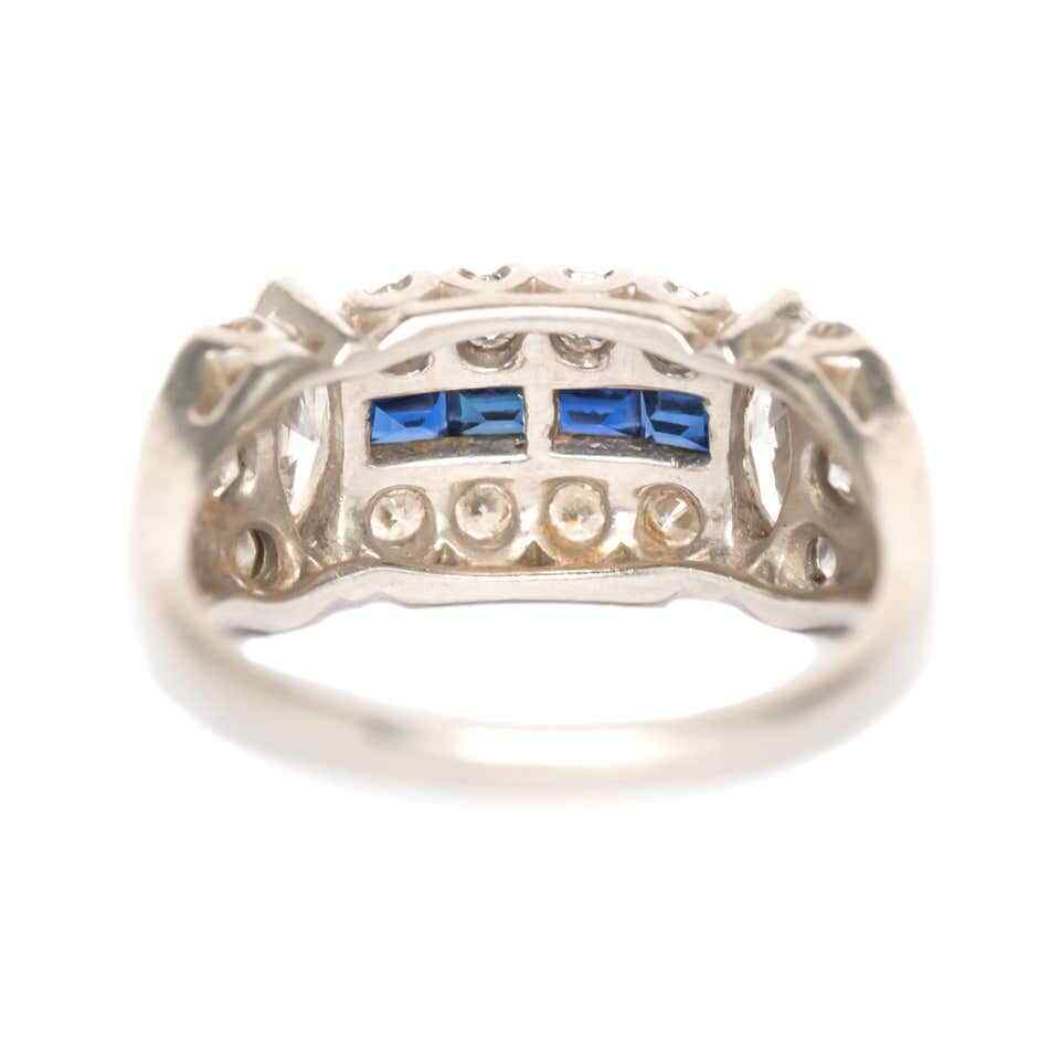 Retro Vintage Baguette Shape Blue Sapphire With Old Mine Cut CZ Antique Ring