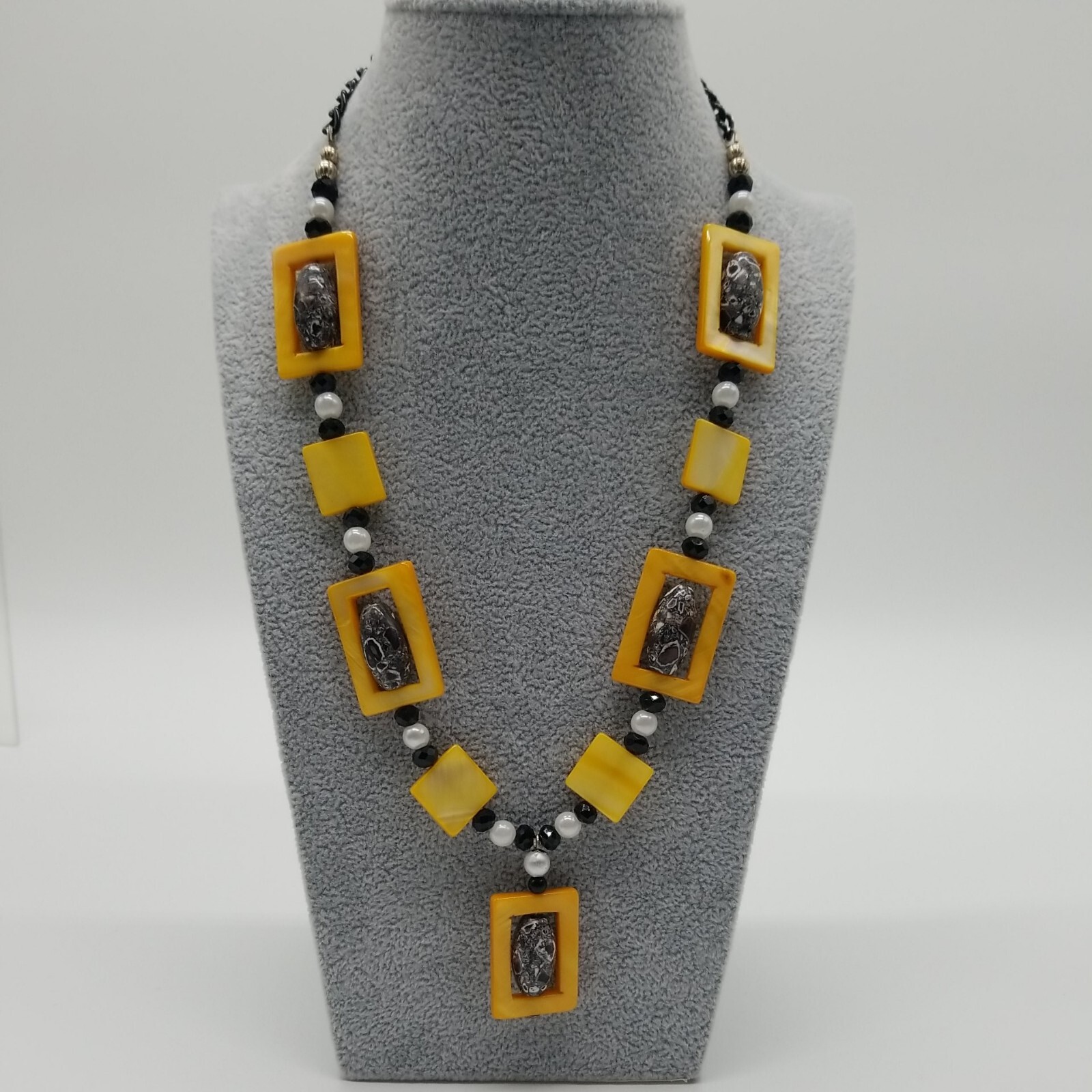 Vintage Square Beaded Yellow Black Gray Bohemian Style Necklace