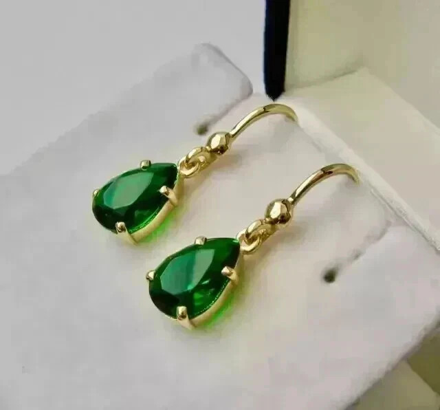 Simulated Green Emerald 3.5Ct Pear Drop/Dangle Earrings 14K Yellow Gold Plated