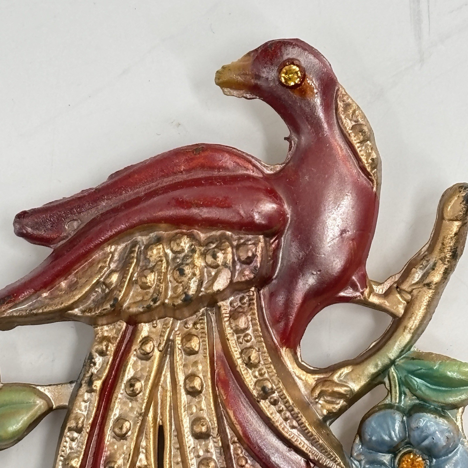 Vintage Pot Metal and Enamel Brooch Pin Exotic Bird Flowers Tropical Paradise