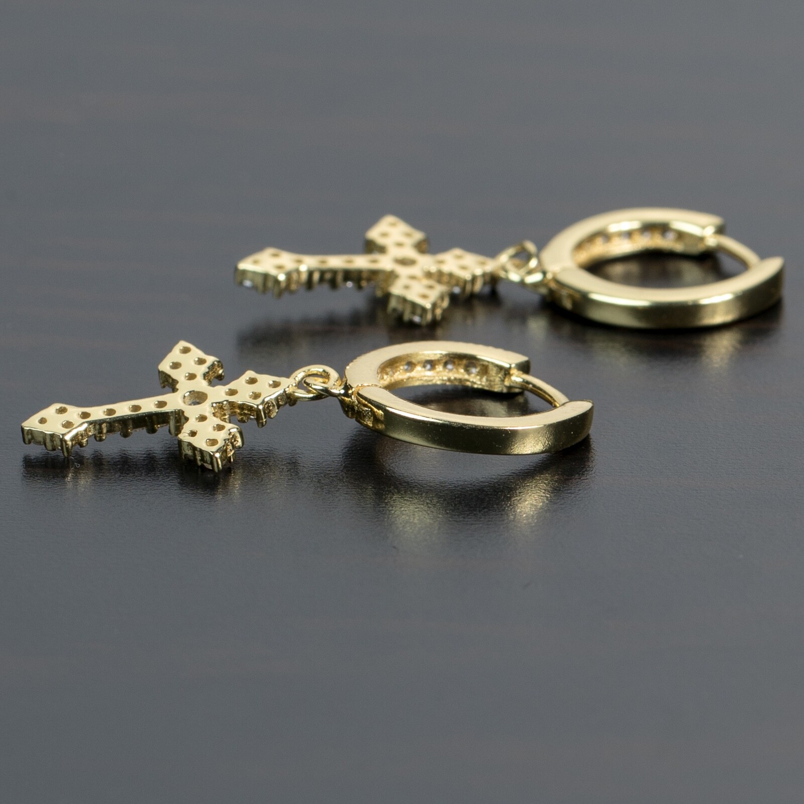 14K Gold Plated Men Iced Dangle Hanging Cross Drop Huggie Hoop Earrings