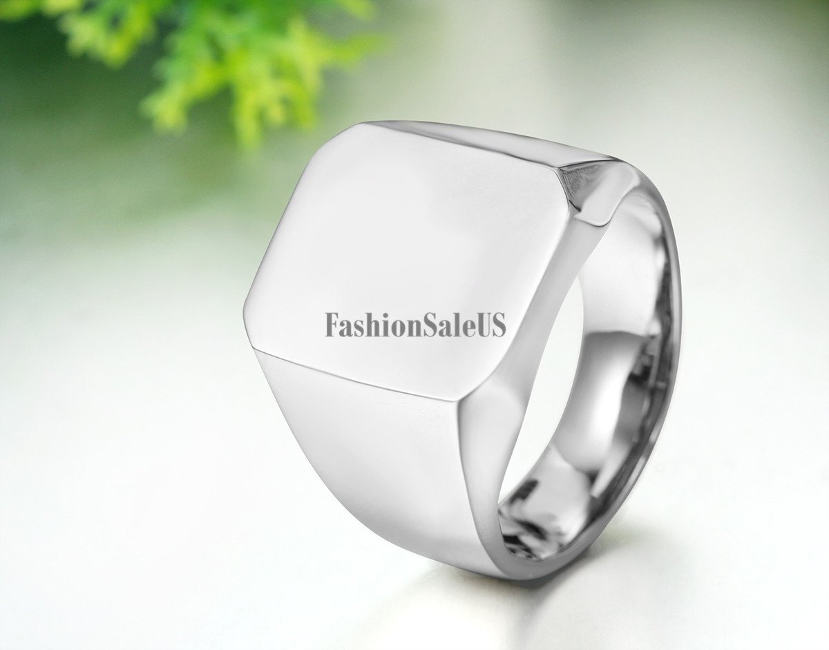New Polished Silver Tone Biker Signet Stainless Steel Ring Mens Band Size 7-14