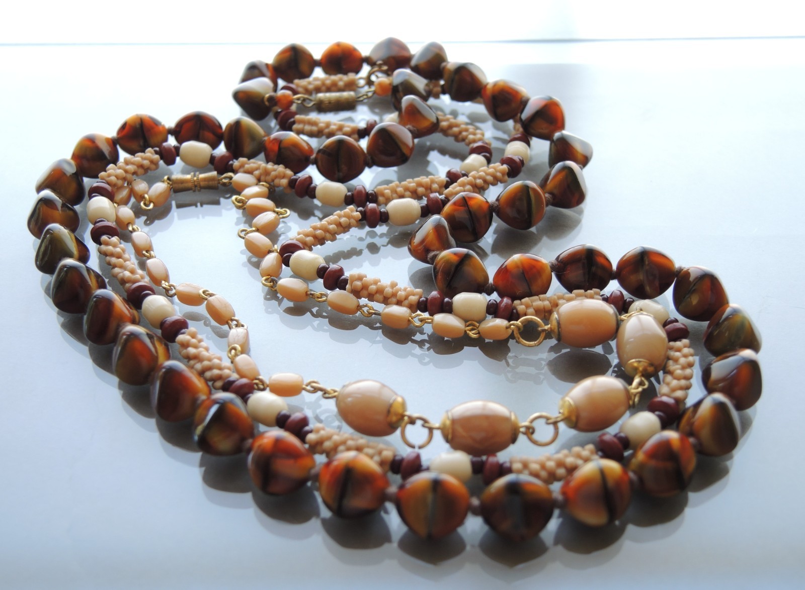 Vintage Czech Glass Necklace Lot 3 Faux Tiger Eye Snake Beads Satin Brown