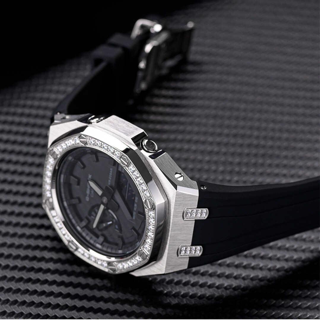 Bling Diamond Stainless Steel Bezel Mod Kit Case Band for G-SHOCK GA-2100 GA2110