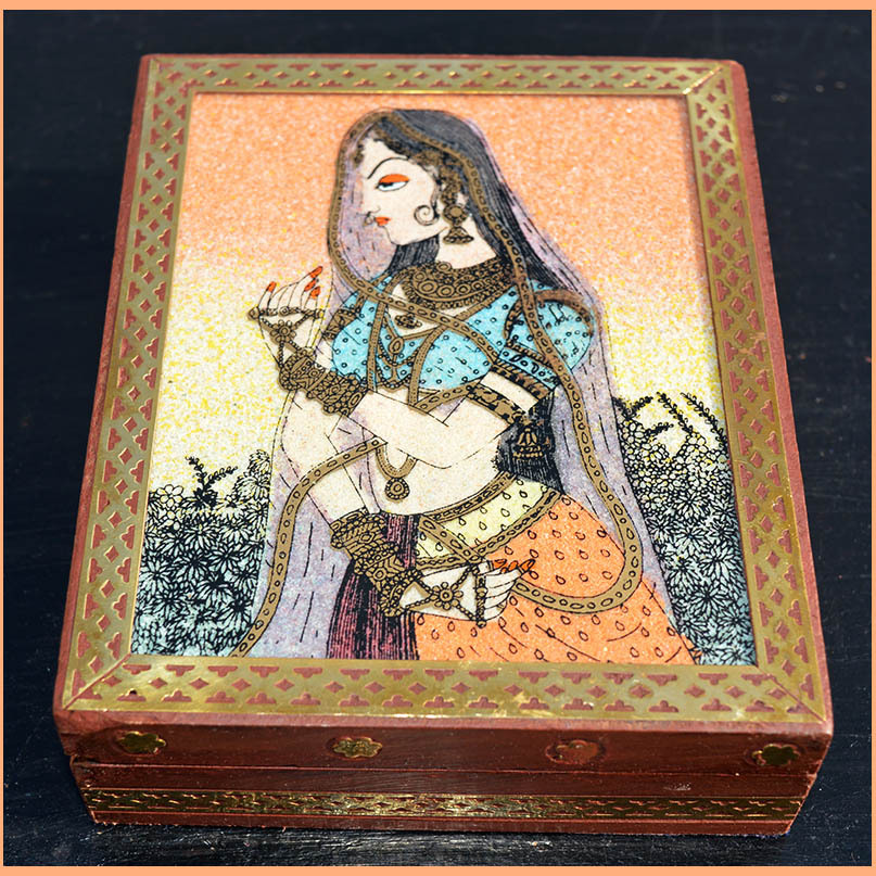 Wooden jewelry box with glass gem stone painting and brass border from India!