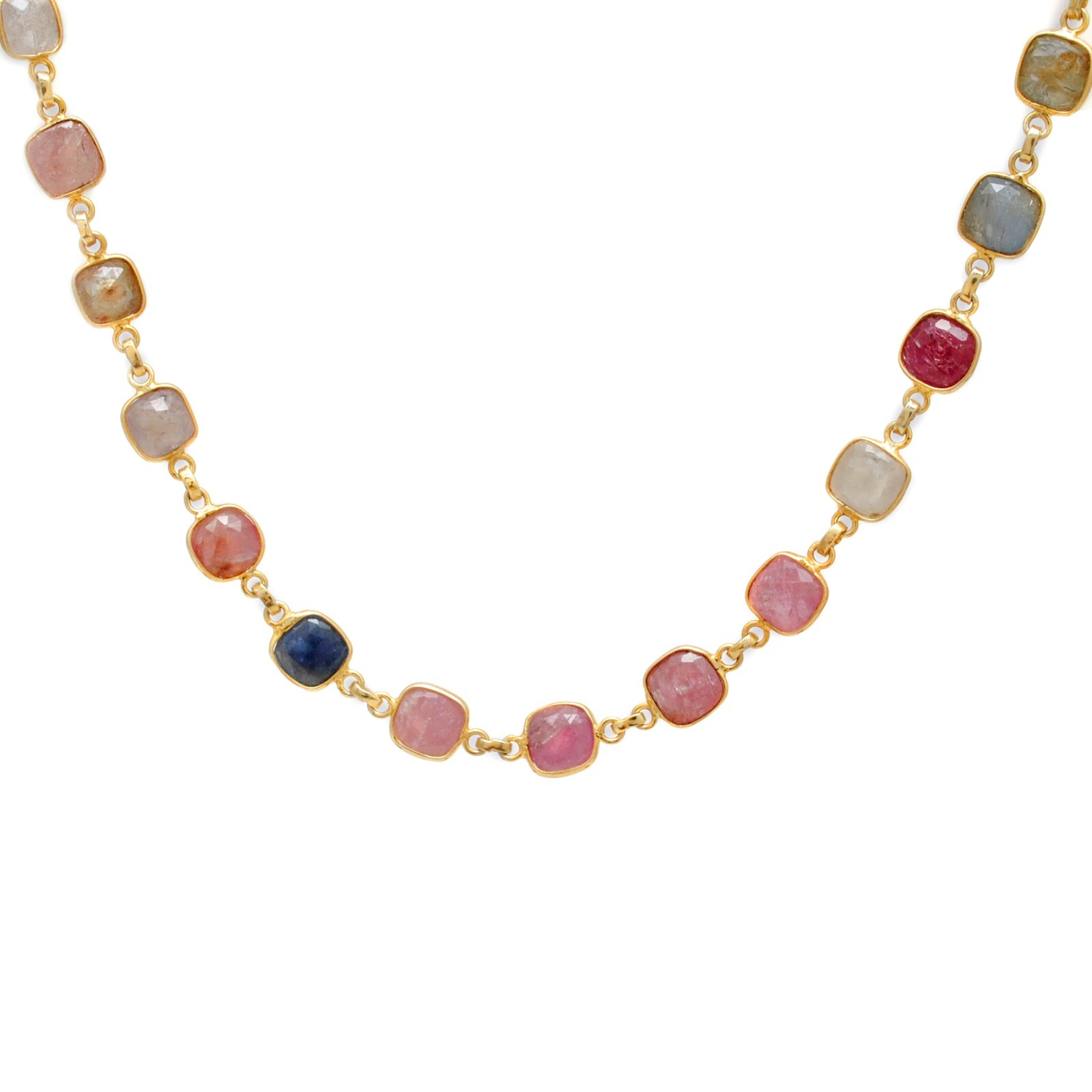 Multi Sapphire Bezel Setting Cushion Gold Plated Necklace Sapphire Necklace