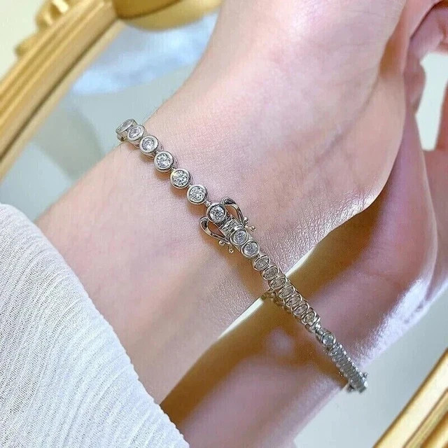 Bezel Set 7Ctw Round Cut moissanite Tennis Bracelet Solid 14k White Gold plated